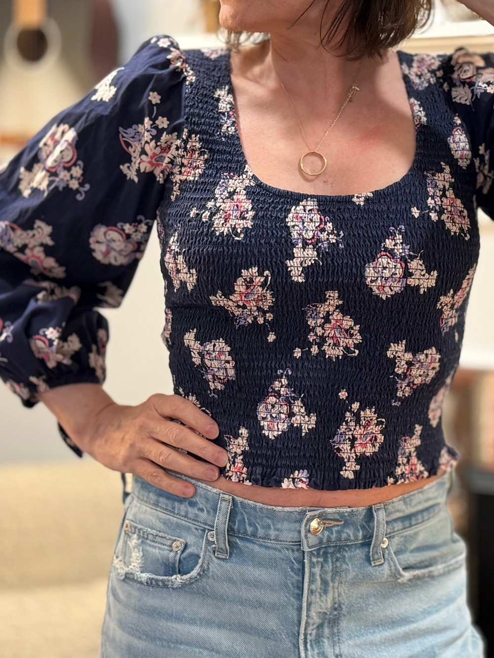 Anthropologie Navy Floral Smocked Square Neck Puff Sleeve Crop Top Boho Size S